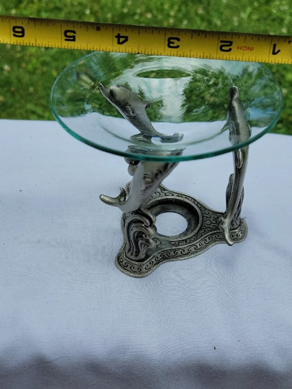 Dolphin Glass Dish on Silver-Tone Metal Stand